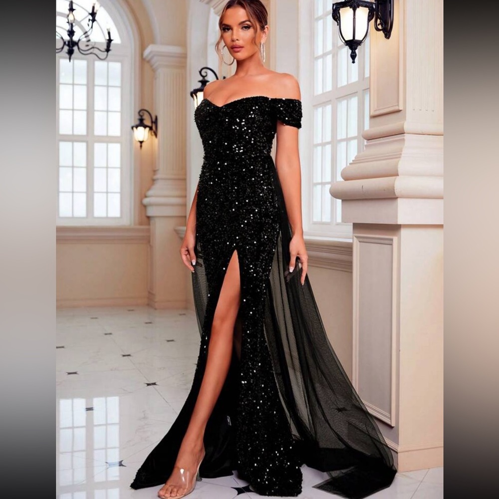 Off shoulder split thigh sequin formal dress